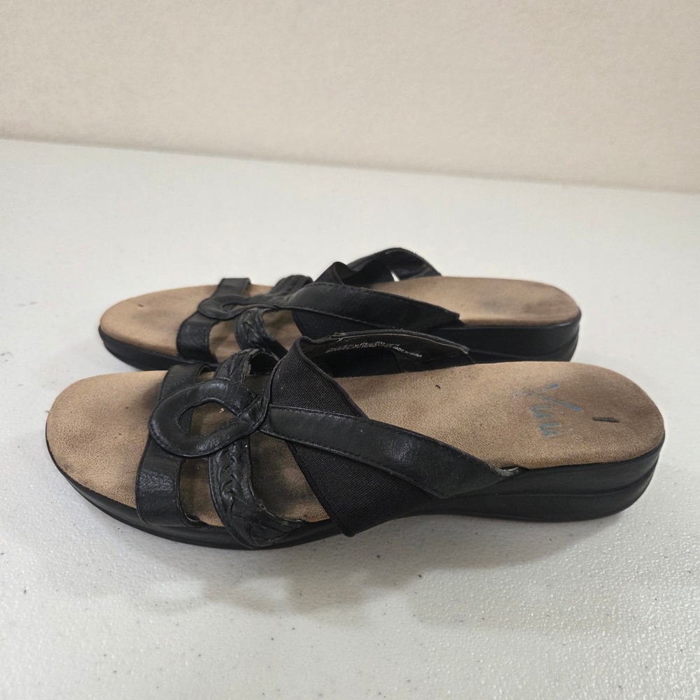 Yuu Joeju Black Strappy Wedge Sandals Womens Size 6.5 M‎ Comfort Slip On Walking